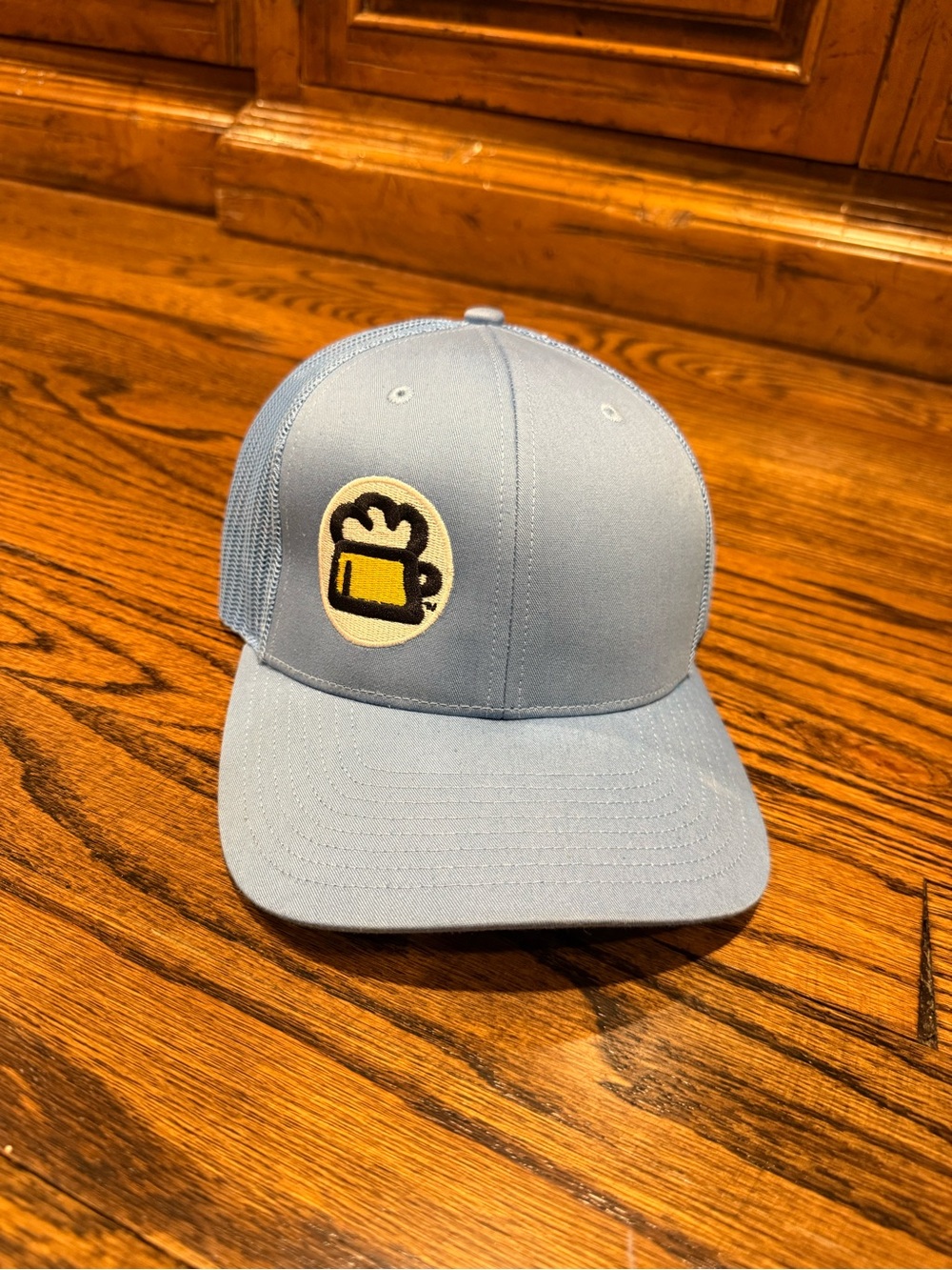 Men's Light Blue Mesh-Back Trucker Hat with Beer Patch